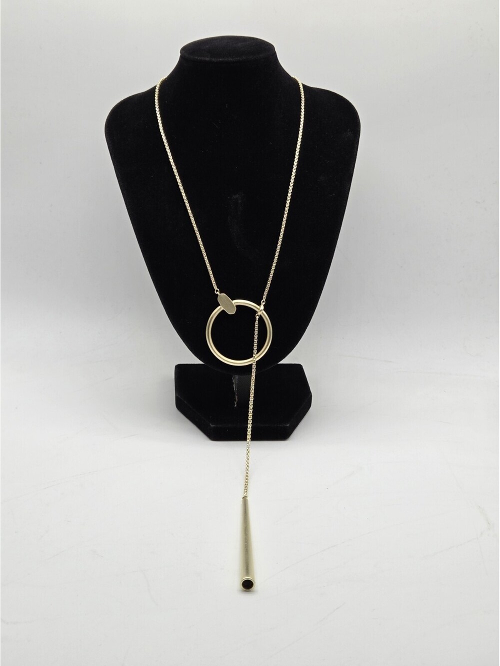 Gold Tone Long Pendant Necklace Statement Circle Ring Tube Drop Modern